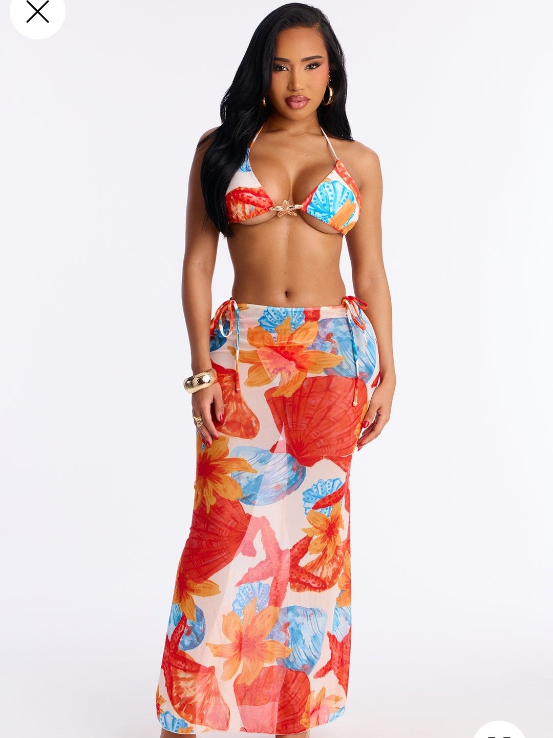 Fashion Nova Orange, Blue & Yellow Floral Bikini Set With Sheer Sarong